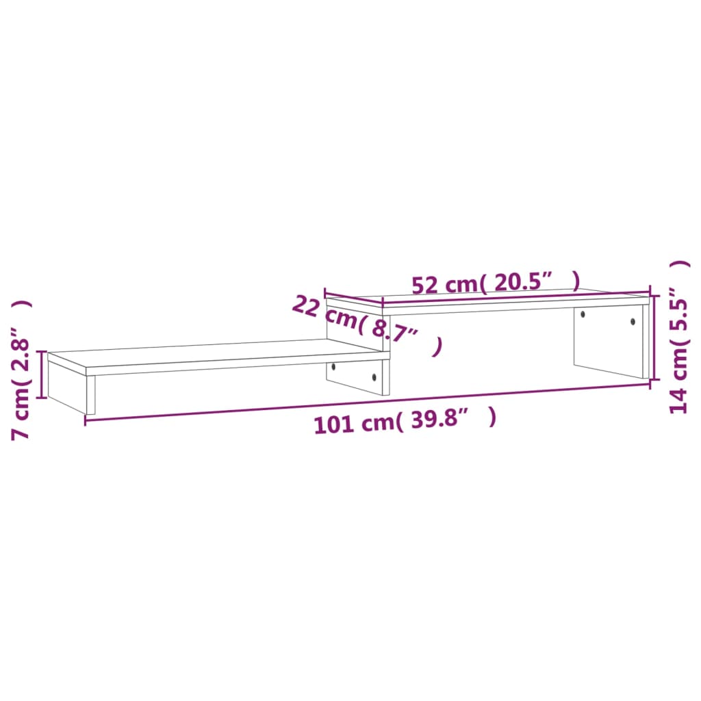 vidaXL Monitoriaus stovas, baltas, (52–101)x22x14cm, pušies masyvas