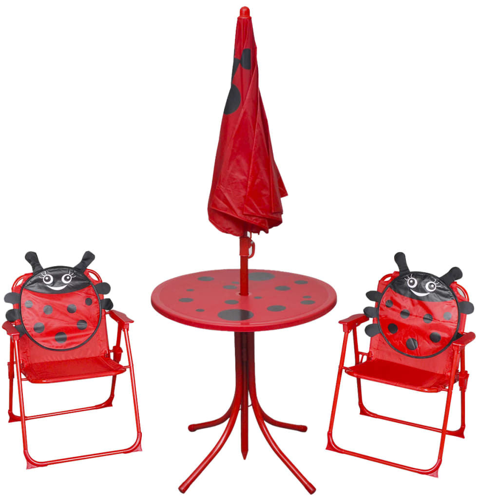 vidaXL Vaik. bistro baldų kompl. su skėčiu nuo saulės, 3d., raudonas