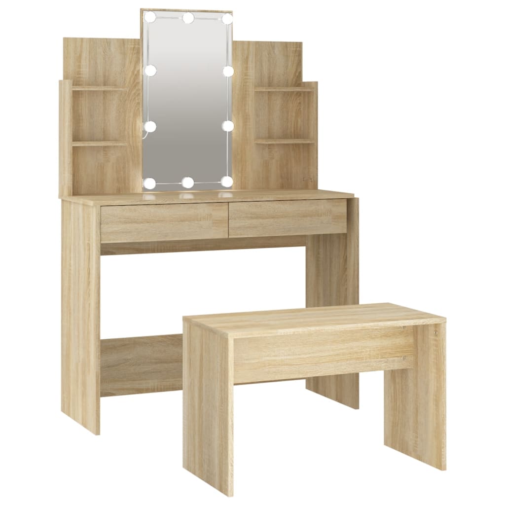 vidaXL Kosmetinio staliuko komplektas su LED, ąžuolo, apdirbta mediena