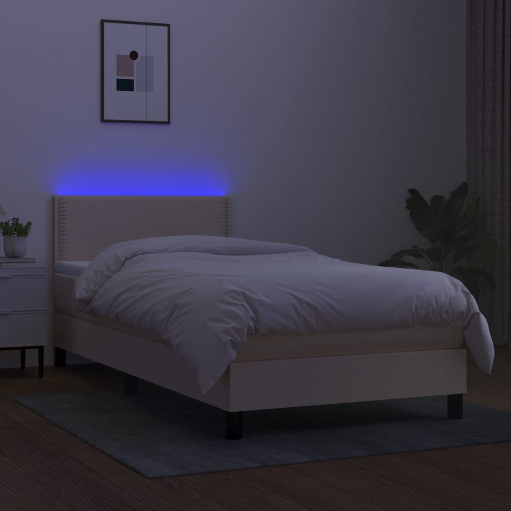vidaXL Lova su spyruoklėmis/čiužiniu/LED, kreminė, 90x200 cm, audinys