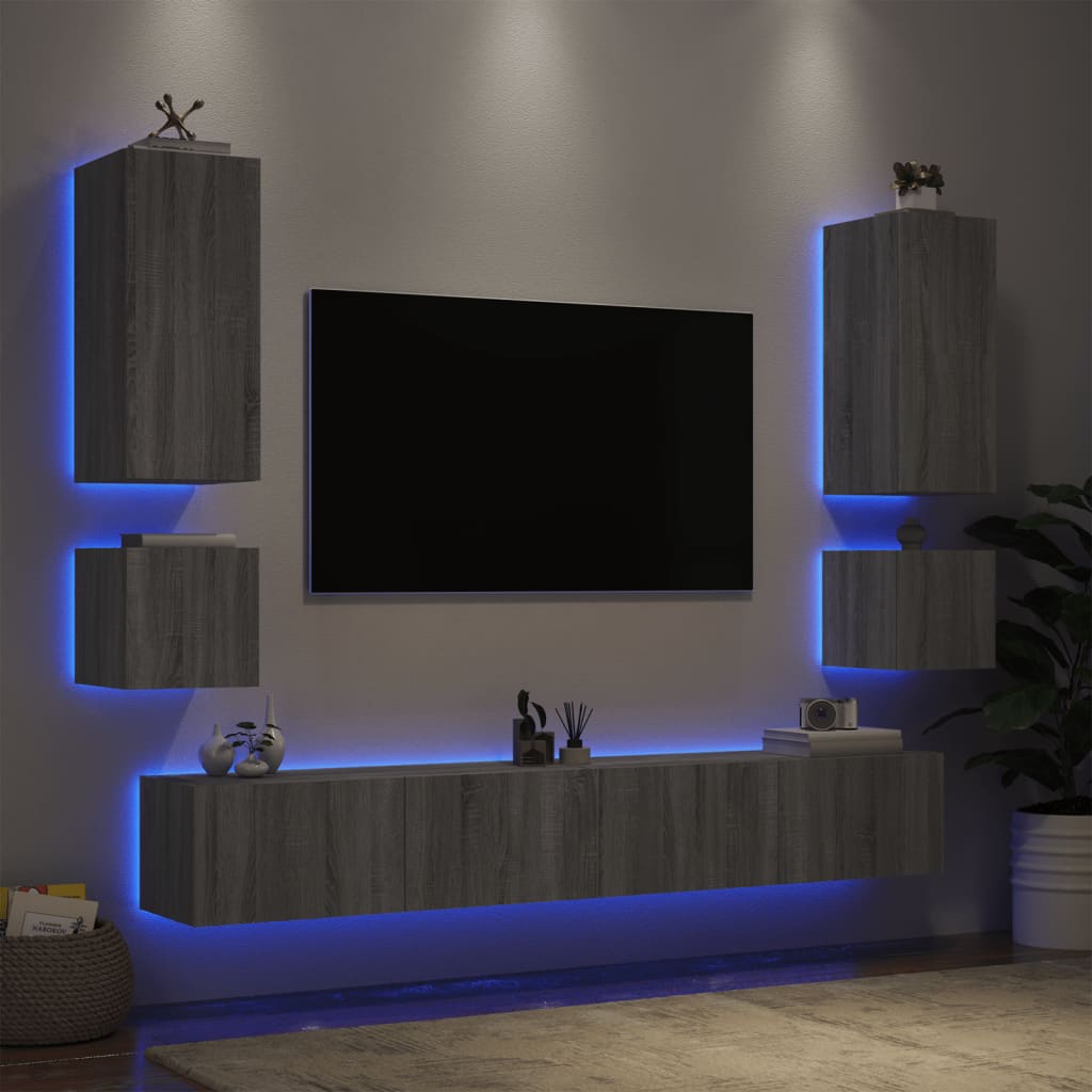 vidaXL Sieninės TV spintelės su LED lemputėmis, 6 dalių, pilkos ąžuolo