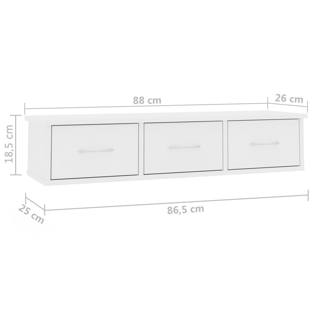 vidaXL Sieninė lentyna su stalčiais, balta, 88x26x18,5cm, MDP