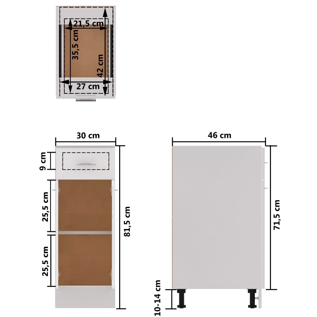 vidaXL Apatinė spintelė su stalčiumi, balta, 30x46x81,5cm, MDP, blizgi