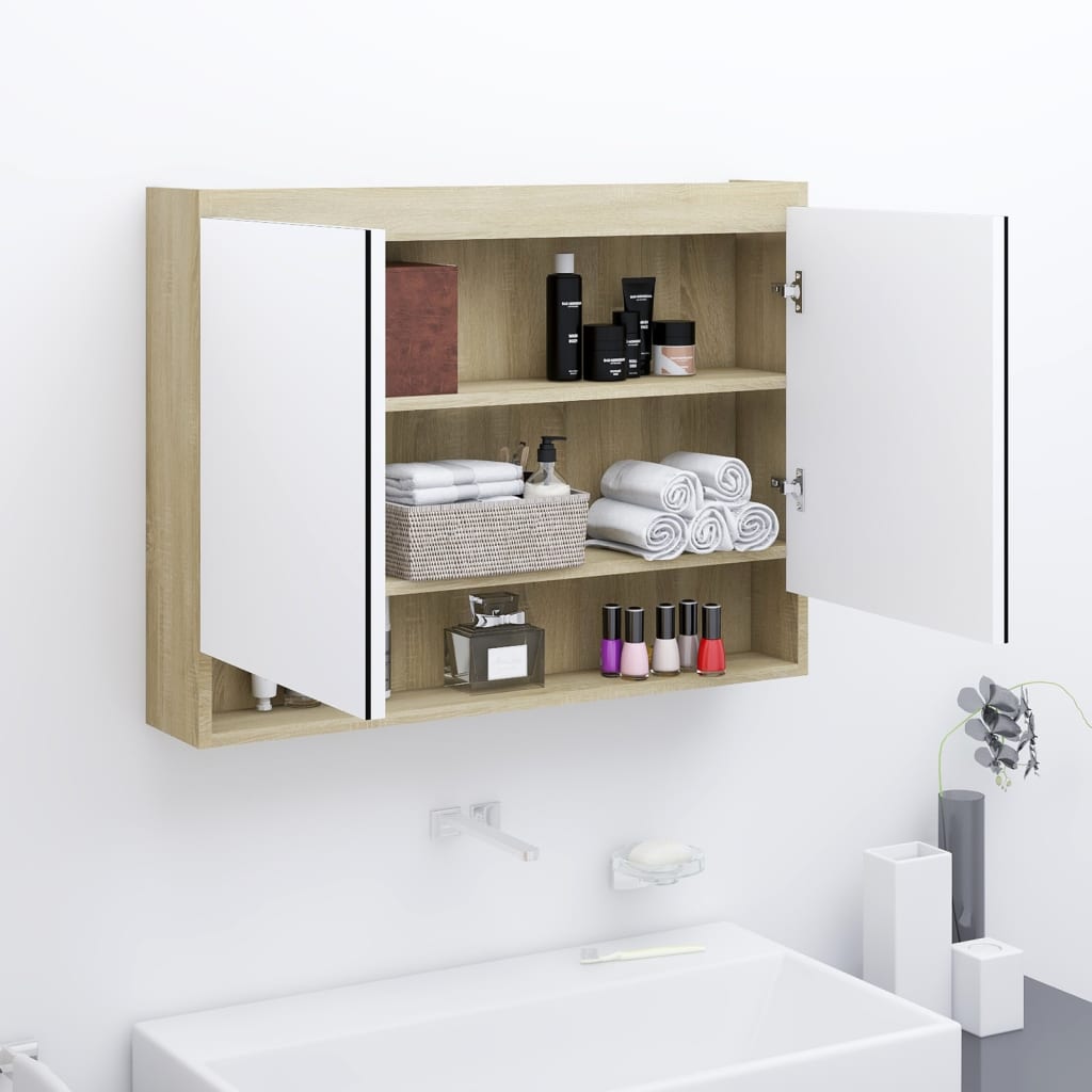 vidaXL Veidrodinė vonios spintelė, balta ir ąžuolo, 80x15x60cm, MDF