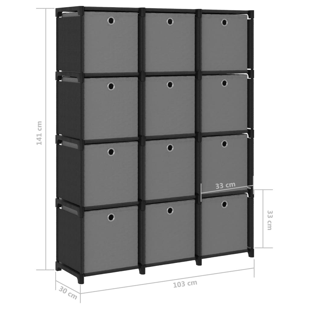 vidaXL Lentyna su 12 dėžių, juodos spalvos, 103x30x141cm, audinys