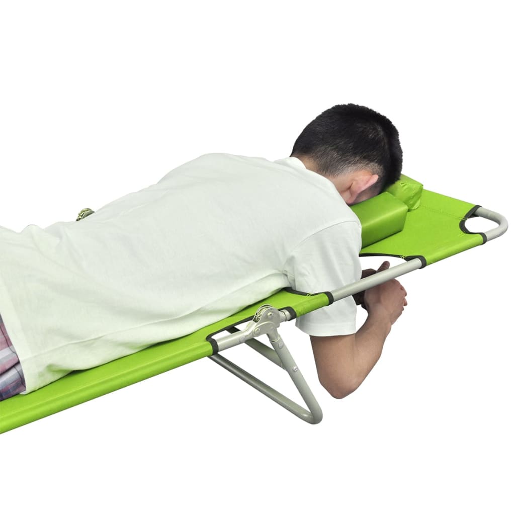 vidaXL Sulankstomas saulės gultas su pagalvėle, plienas, žalias