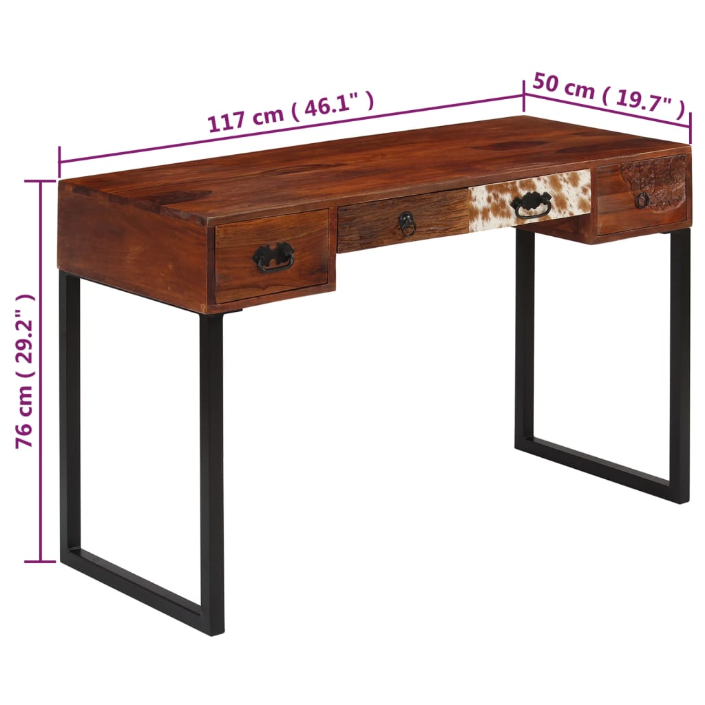 vidaXL Rašomasis stalas, rausv. dalb. med. ir tikra oda, 117x50x76cm
