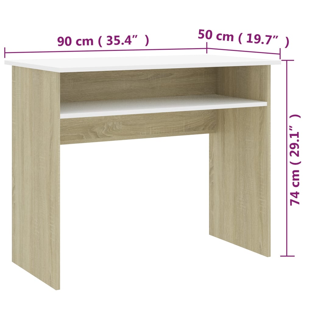 vidaXL Rašomasis stalas, baltos ir ąžuolo spalvos, 90x50x74cm, MDP
