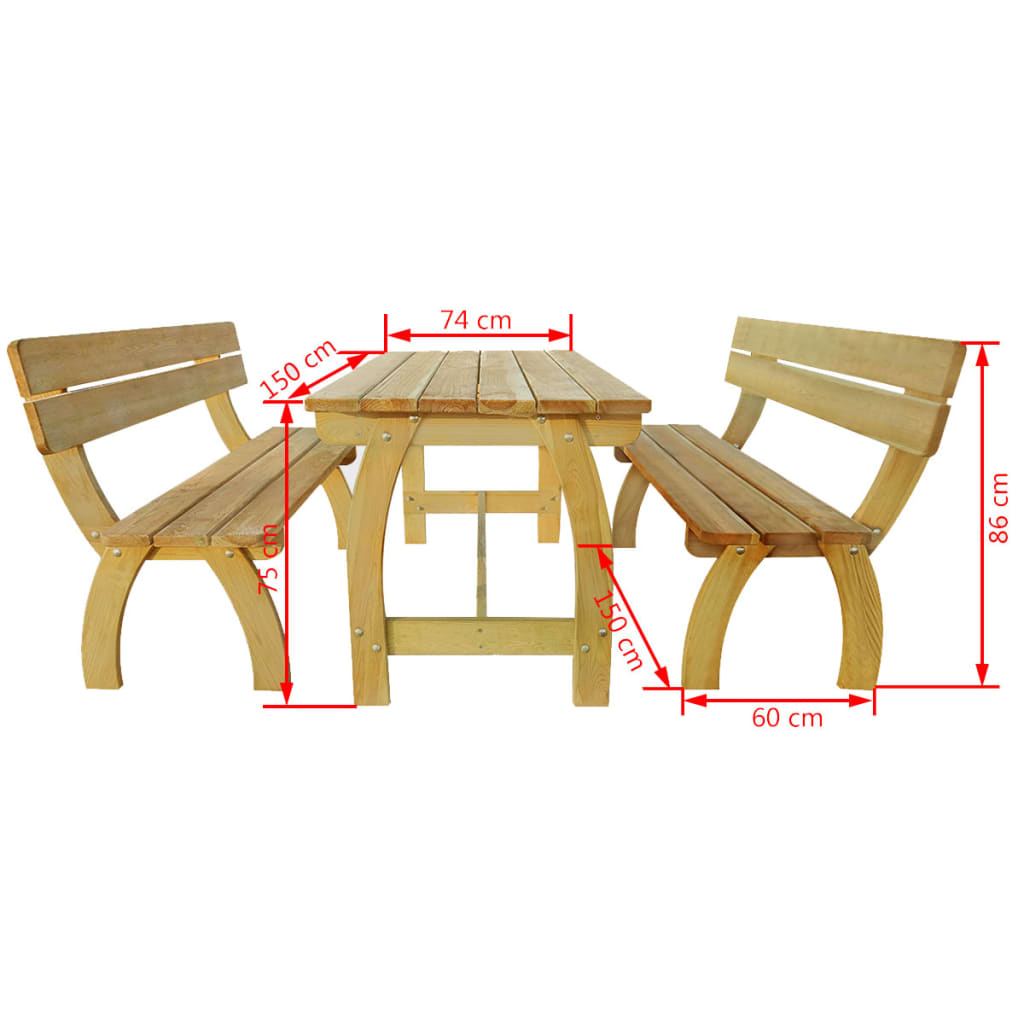 vidaXL Alaus stalas su 2 suoliukais, impregnuota pušies mediena