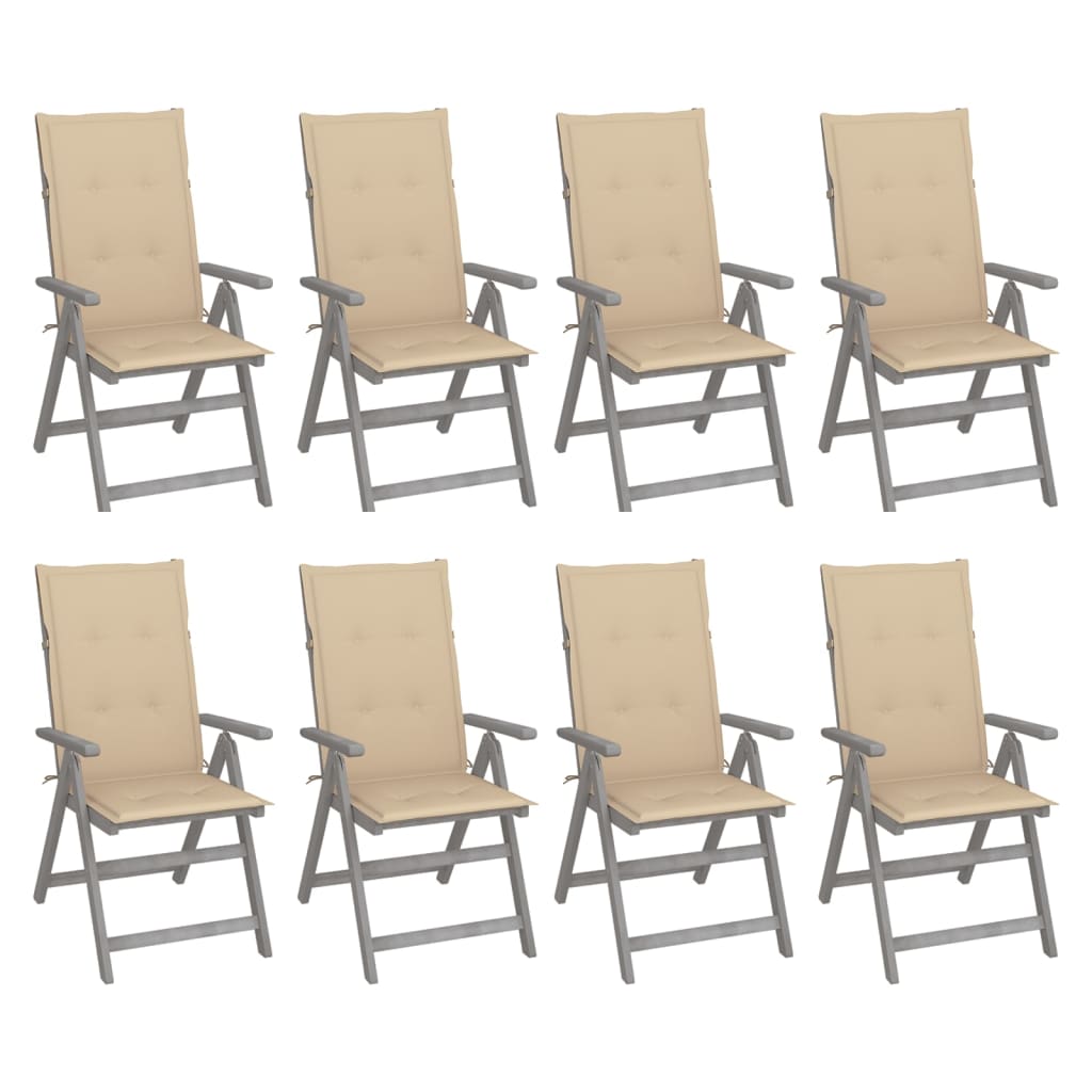 vidaXL Atlošiamos sodo kėdės su pagalvėlėmis, 8vnt., pilkos, akacija