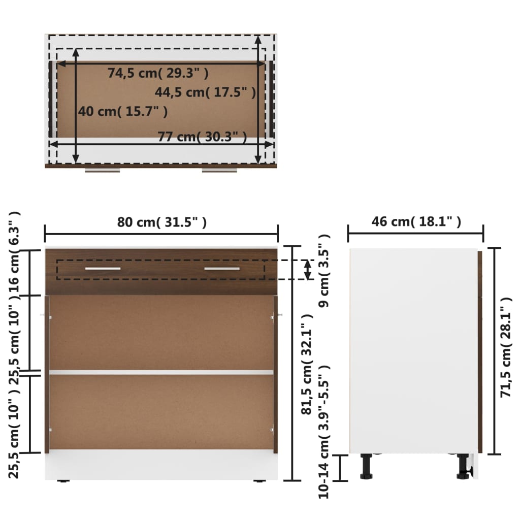 vidaXL Apatinė spintelė su stalčiumi, ruda, 80x46x81,5cm, mediena