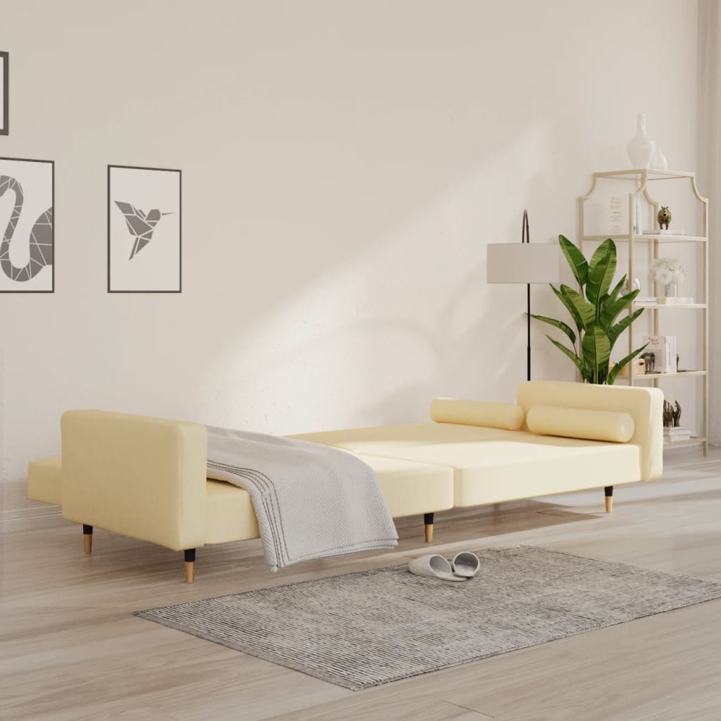 vidaXL Dvivietė sofa-lova su dvejomis pagalvėmis, kreminė, aksomas