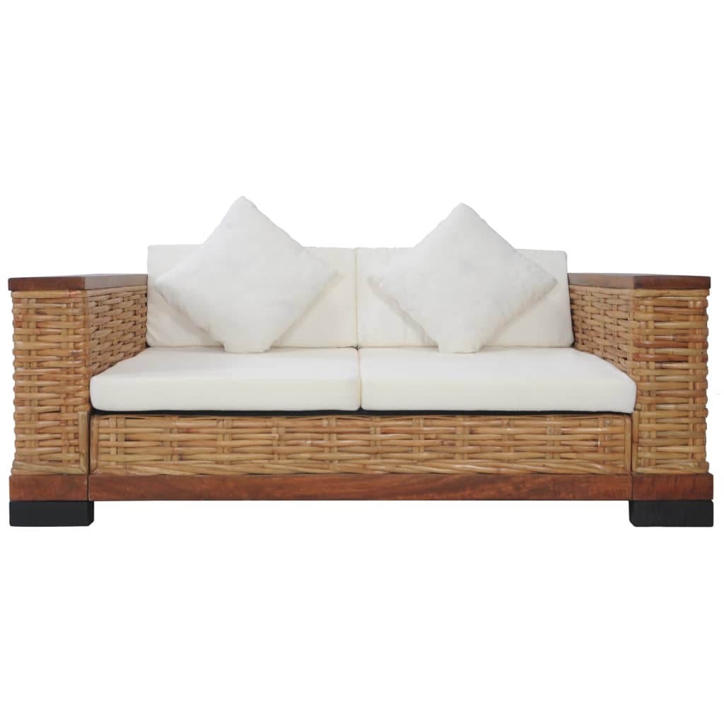 vidaXL Dvivietė sofa su pagalvėlėmis, rudos sp., natūralus ratanas