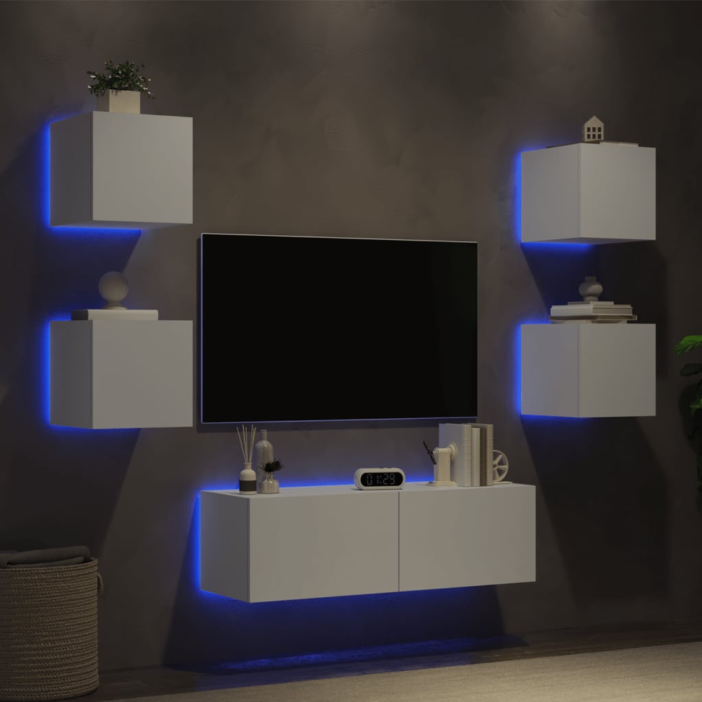 vidaXL Sieninės TV spintelės su LED lemputėmis, 5 dalių, baltos