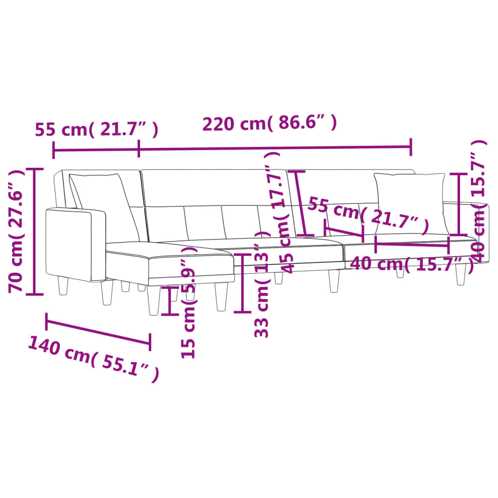 vidaXL L formos sofa-lova, tamsiai pilka, 275x140x70cm, audinys