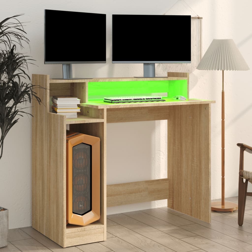 vidaXL Rašomasis stalas su LED apšvietimu, ąžuolo, 97x45x90cm, mediena