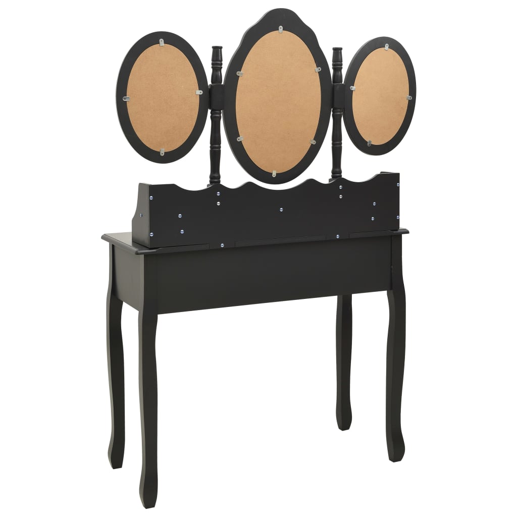 vidaXL Kosmetinis staliukas su kėdute ir 3 veidrodžiais, juodas