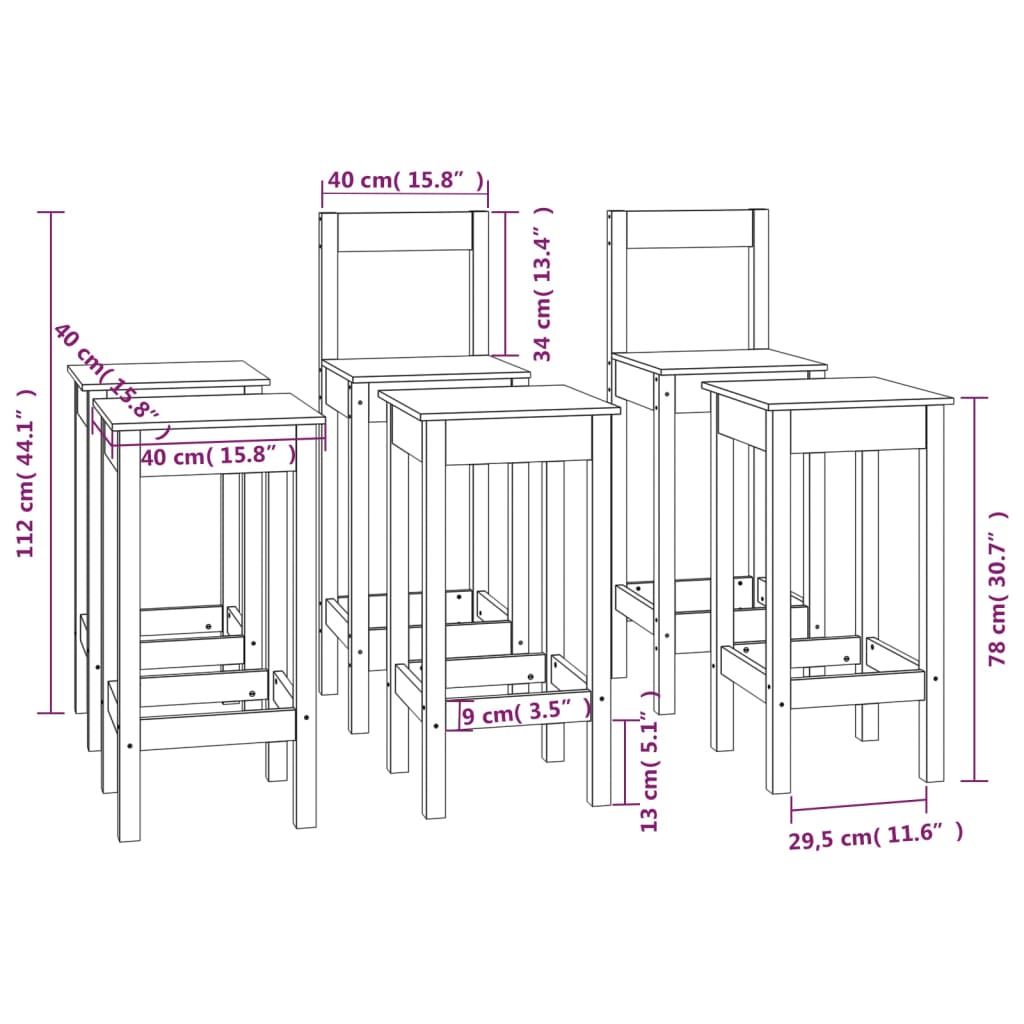 vidaXL Baro kėdžių komplektas, 6vnt., juodas, pušies medienos masyvas