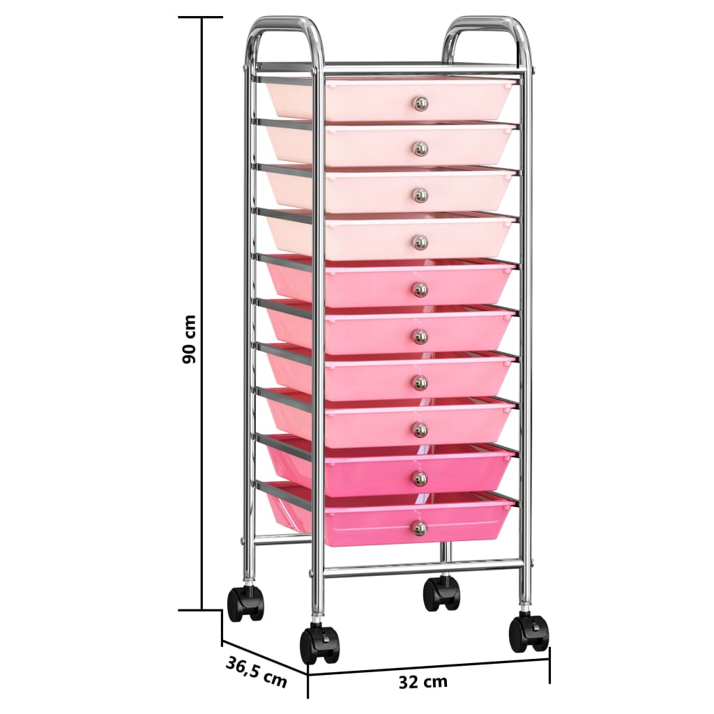 vidaXL Mobilus vežimėlis, 10 stalčių, pereinantis rožinis, plastikas