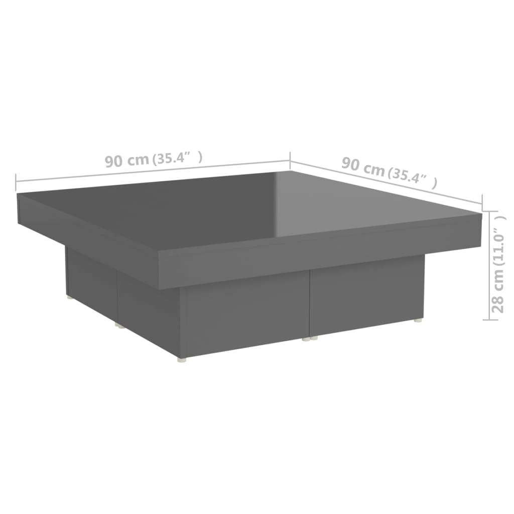 vidaXL Kavos staliukas, pilkos spalvos, 90x90x28cm, MDP, blizgus