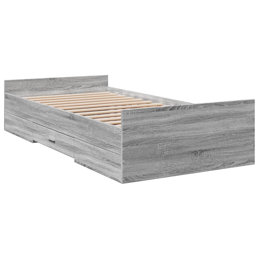 vidaXL Lovos rėmas su stalčiais, pilkas ąžuolo, 90x200cm, mediena