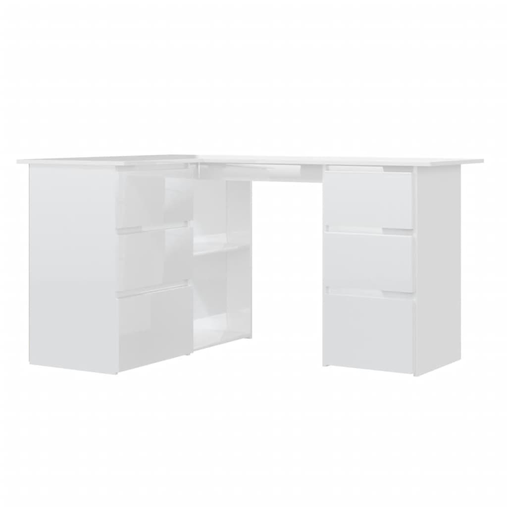 vidaXL Kampinis rašomasis stalas, baltas, 145x100x76cm, MDP, blizgus