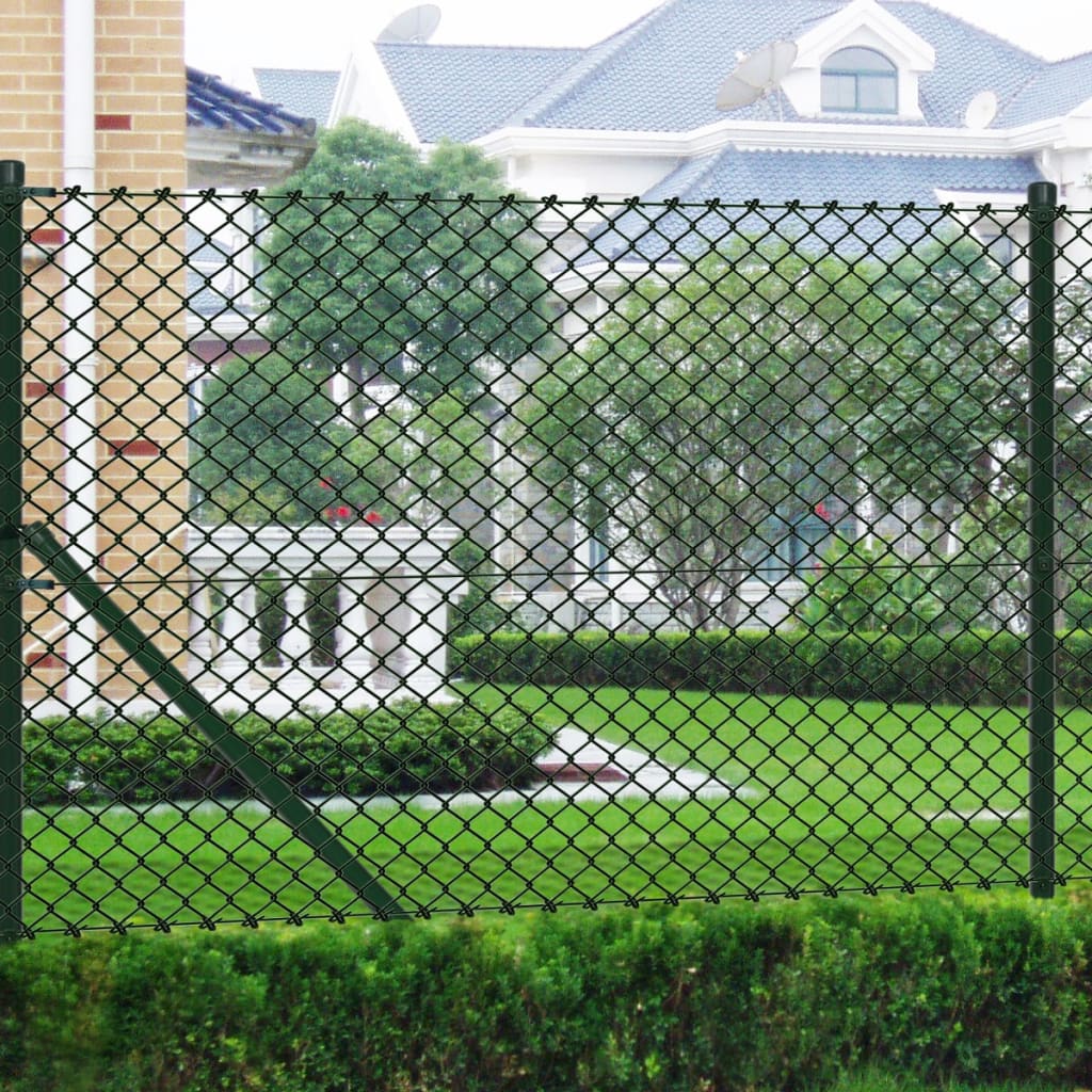 vidaXL Tinklinė tvora su stulpais, žalia, 1,5x25m, plienas