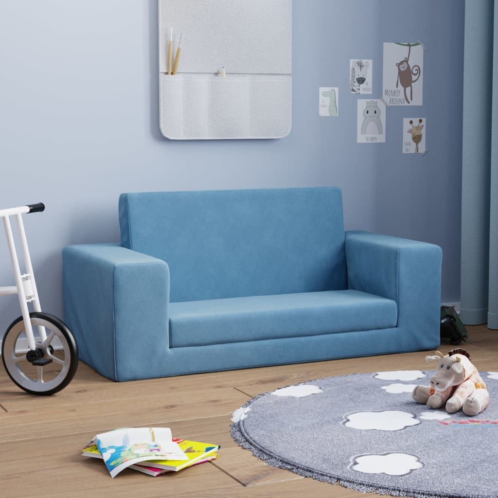 vidaXL Vaikiška dvivietė sofa-lova, mėlynos spalvos, minkštas pliušas