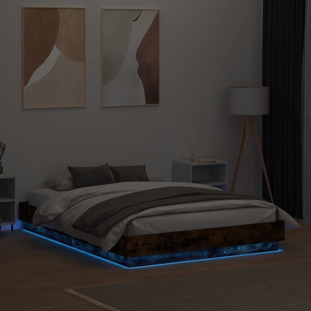 vidaXL Lovos rėmas su LED lemputėmis, dūminio ąžuolo, 120x190cm