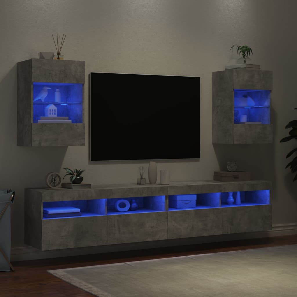 vidaXL Sieninės TV spintelės su LED, 2vnt., betono, 40x30x60,5cm
