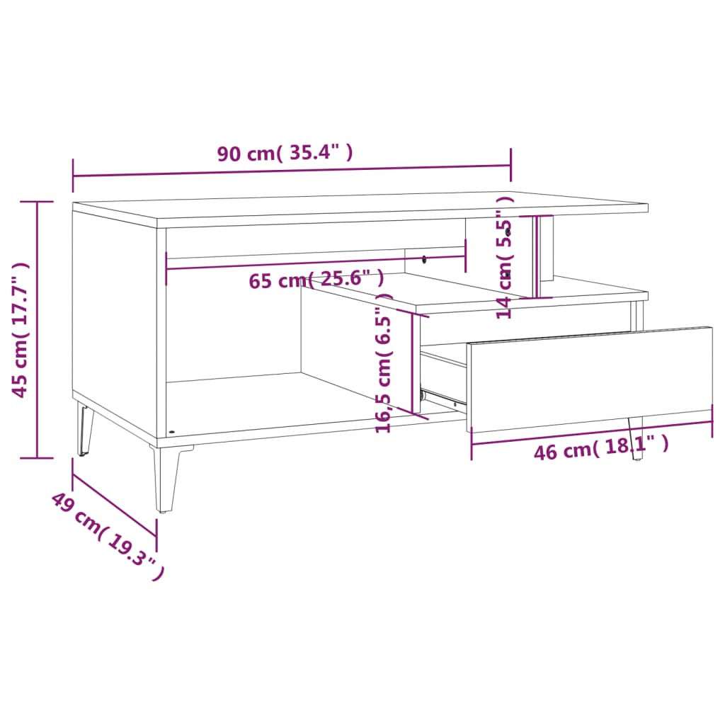 vidaXL Kavos staliukas, ąžuolo spalvos, 90x49x45cm, apdirbta mediena
