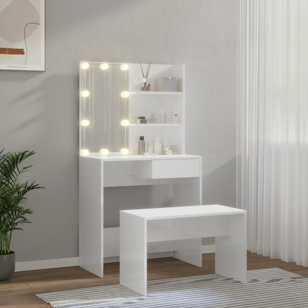 vidaXL Kosmetinio staliuko komplektas su LED, baltas, mediena, blizgus