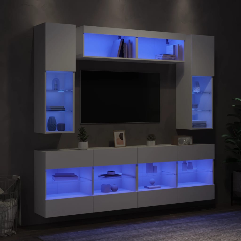 vidaXL Sieninės TV spintelės su LED lemputėmis, 6vnt., baltos spalvos