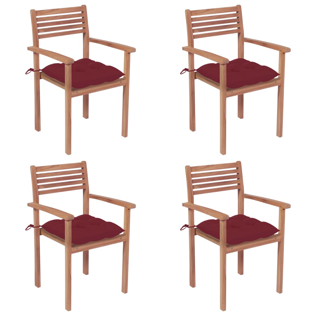 vidaXL Sodo kėdės su vyno raudonomis pagalvėlėmis, 4vnt., tikmedis