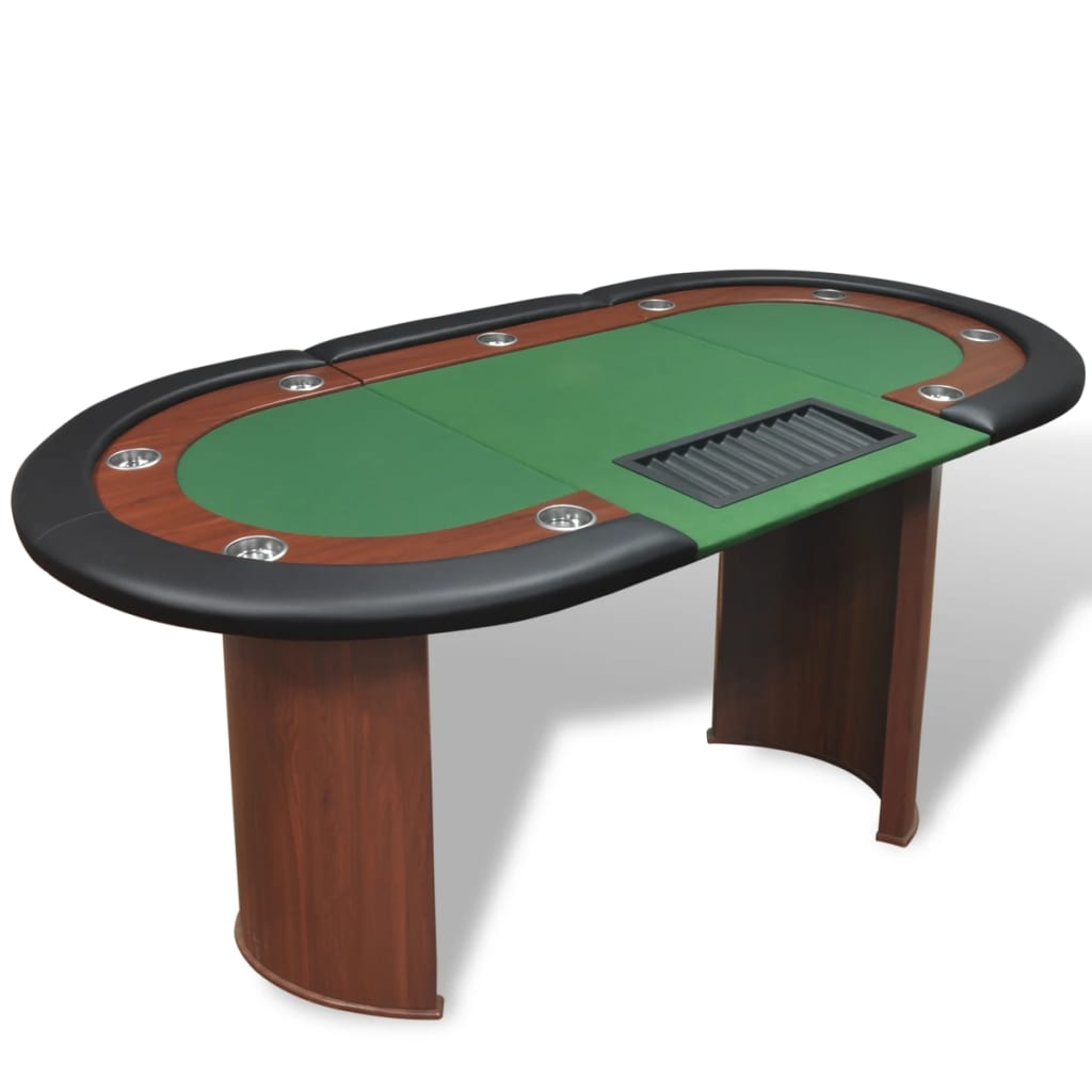 vidaXL 10 žaid. pokerio stalas su dalintojo vieta, žetonų dėže, žalias