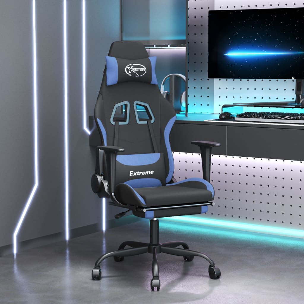 vidaXL Žaidimų kėdė su pakoja, juodos ir mėlynos spalvos, audinys