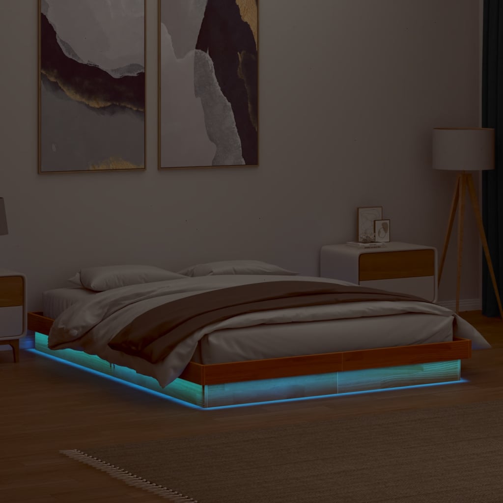 vidaXL LED lovos rėmas, vaško rudas, 150x200cm, pušies masyvas