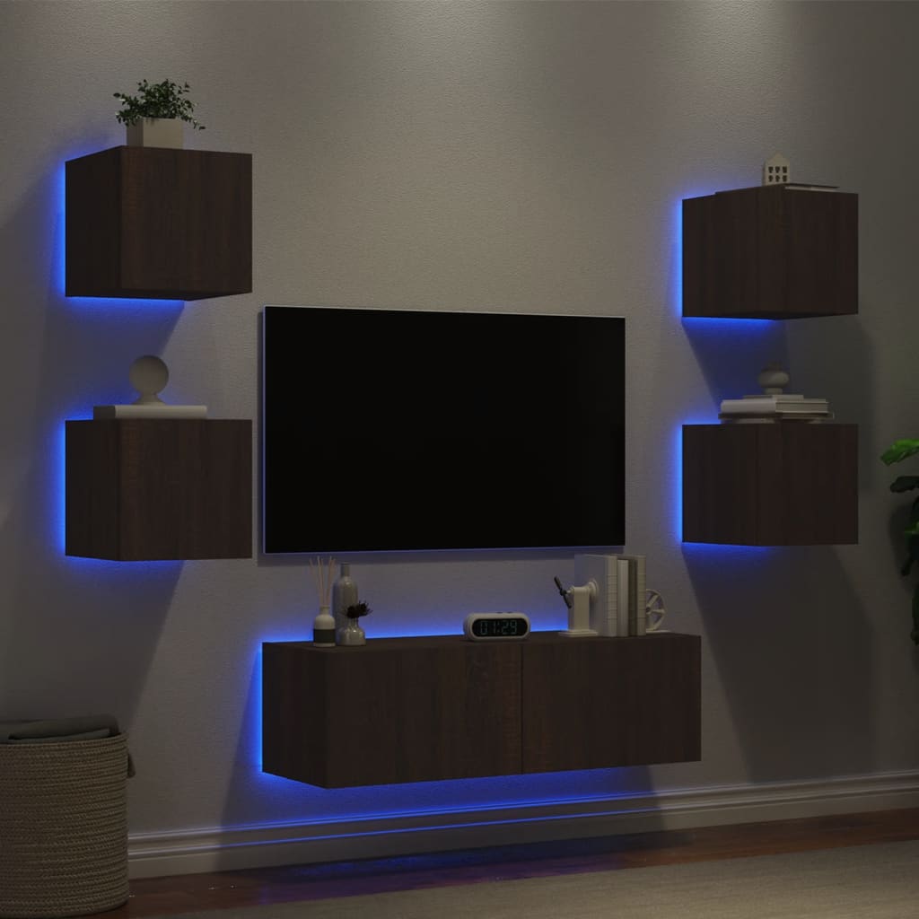 vidaXL Sieninės TV spintelės su LED lemputėmis, 5 dalių, rudos ąžuolo