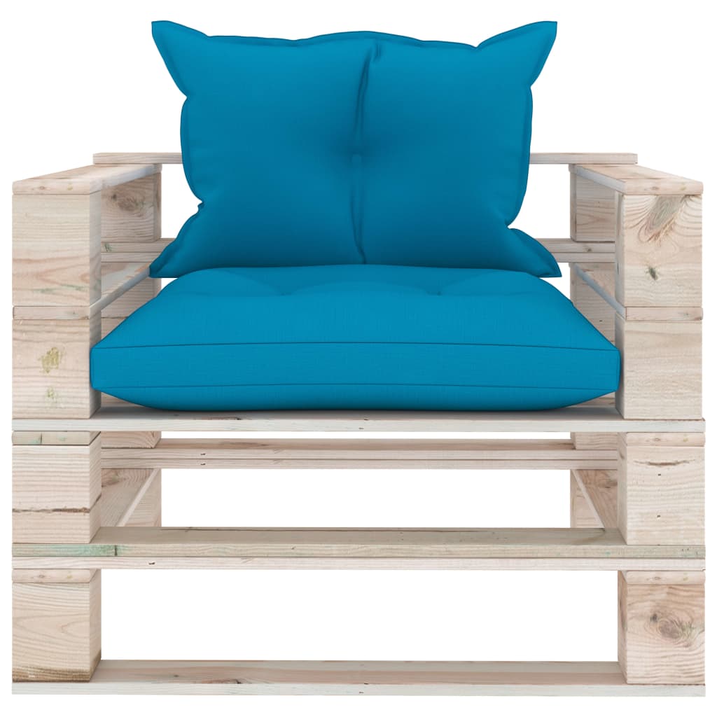 vidaXL Sodo sofa iš palečių su mėlynomis pagalvėlėmis, pušies mediena