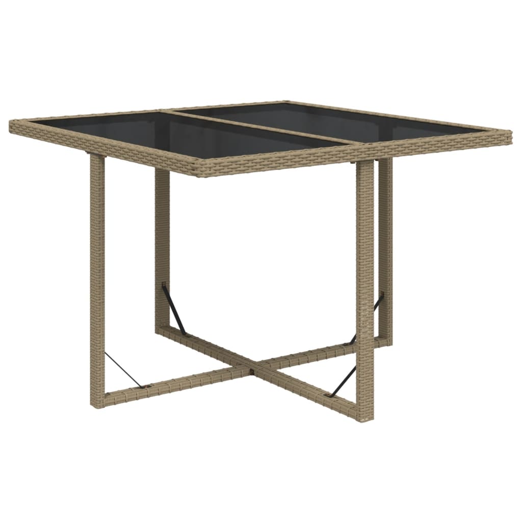 vidaXL Sodo stalas, smėlio, 109x107x74cm, poliratanas ir stiklas