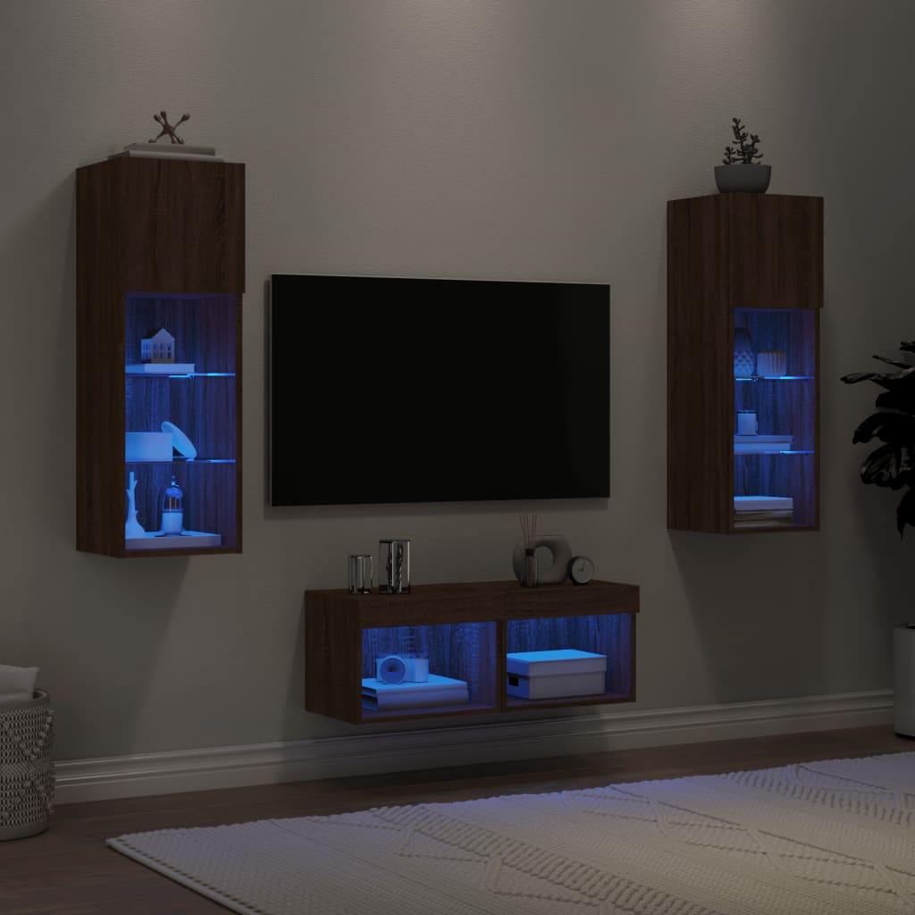 vidaXL Sieninės TV spintelės su LED lemputėmis, 4 dalių, rudos ąžuolo