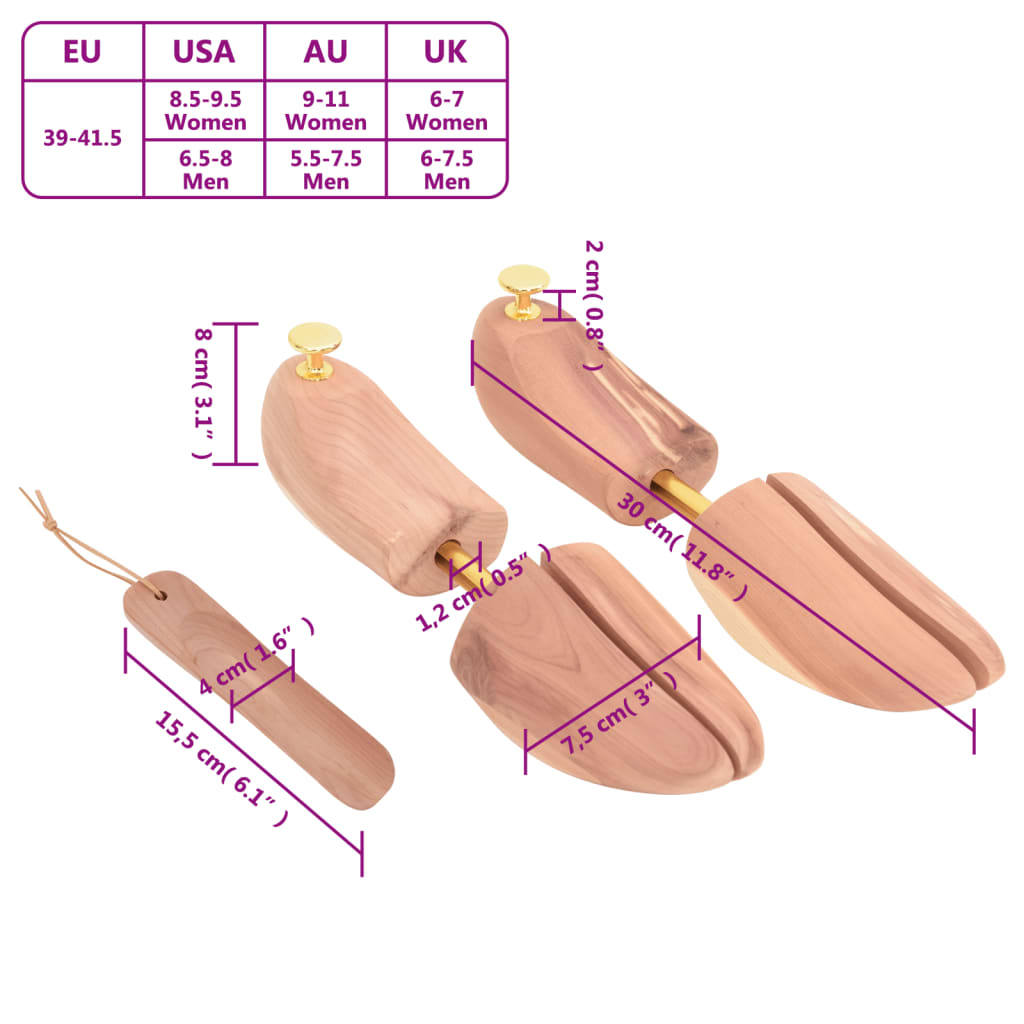vidaXL Batų pratempiklis su šaukštu, kedro medienos masyvas, EU39–41,5