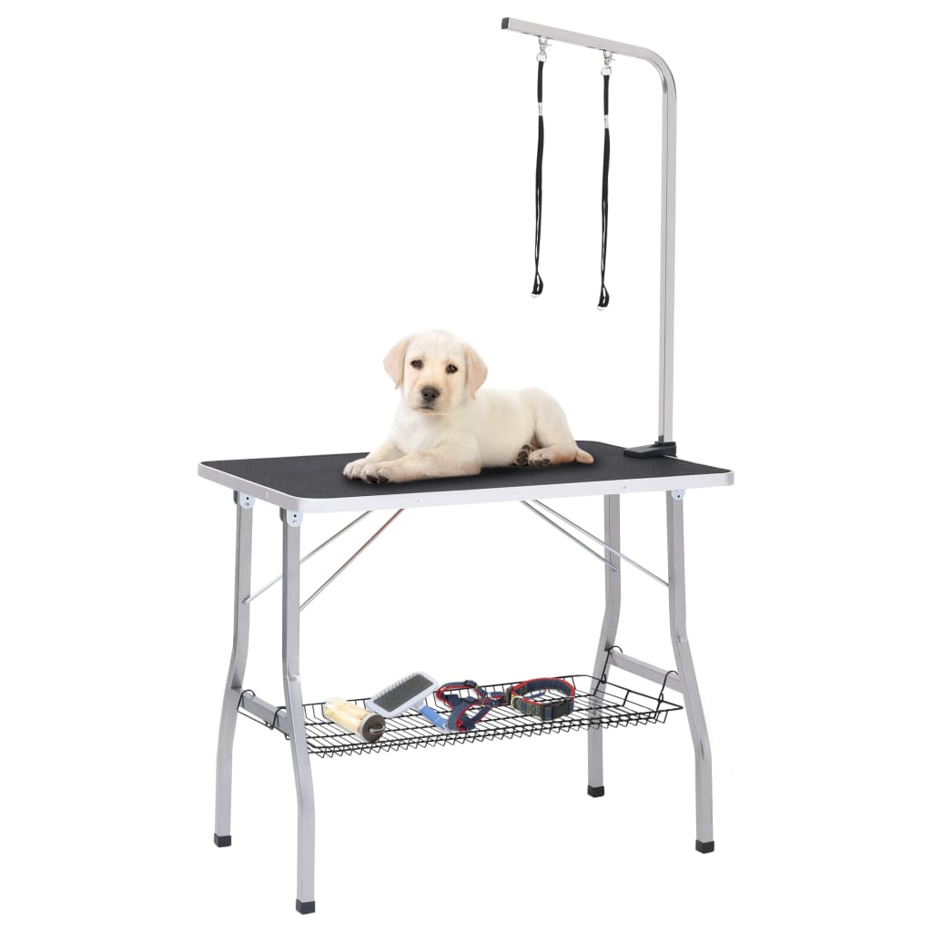 vidaXL Reguliuojamas šunų priežiūros stalas su 2 kilpomis ir krepšiu