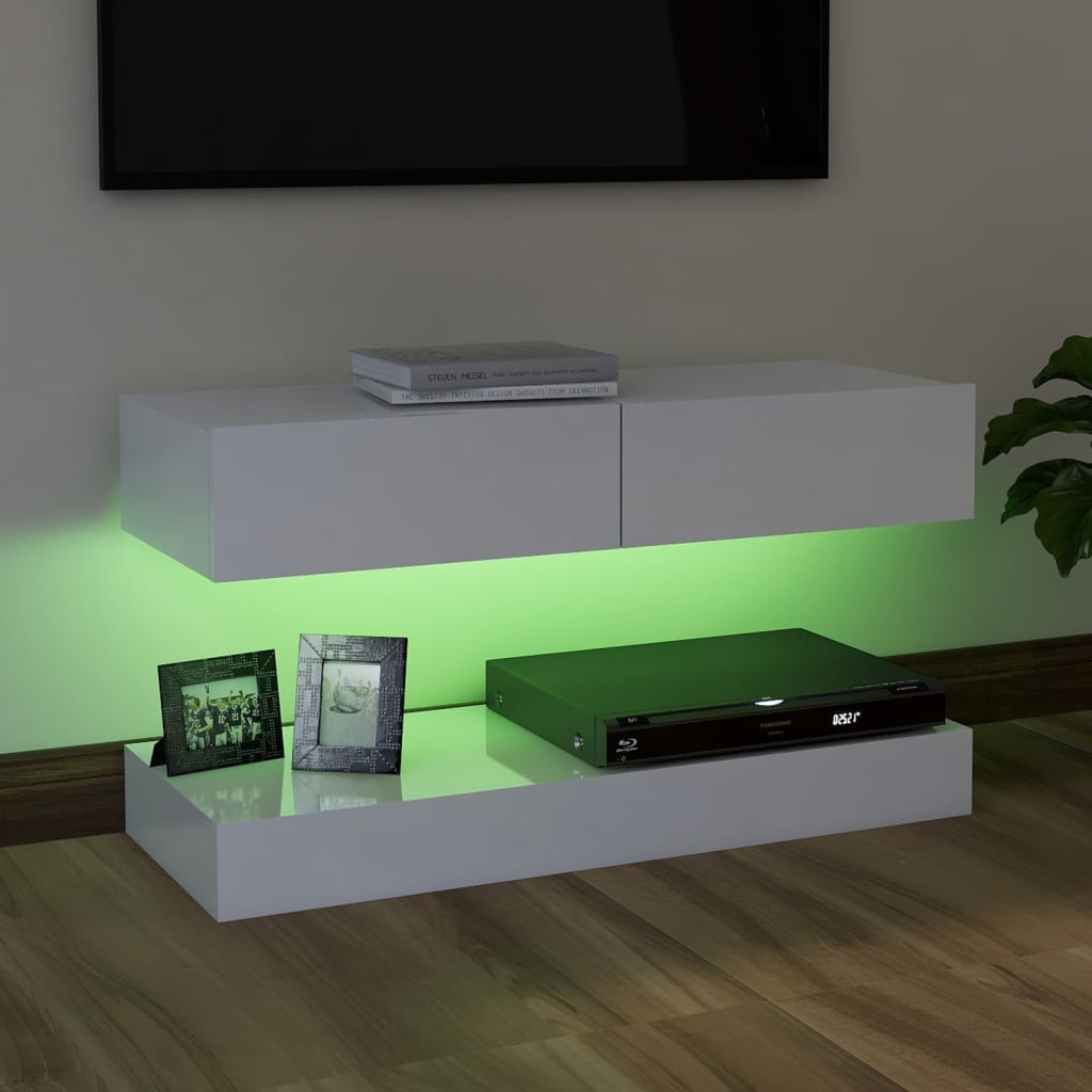 vidaXL TV spintelė su LED apšvietimu, balta, 90x35cm, blizgi