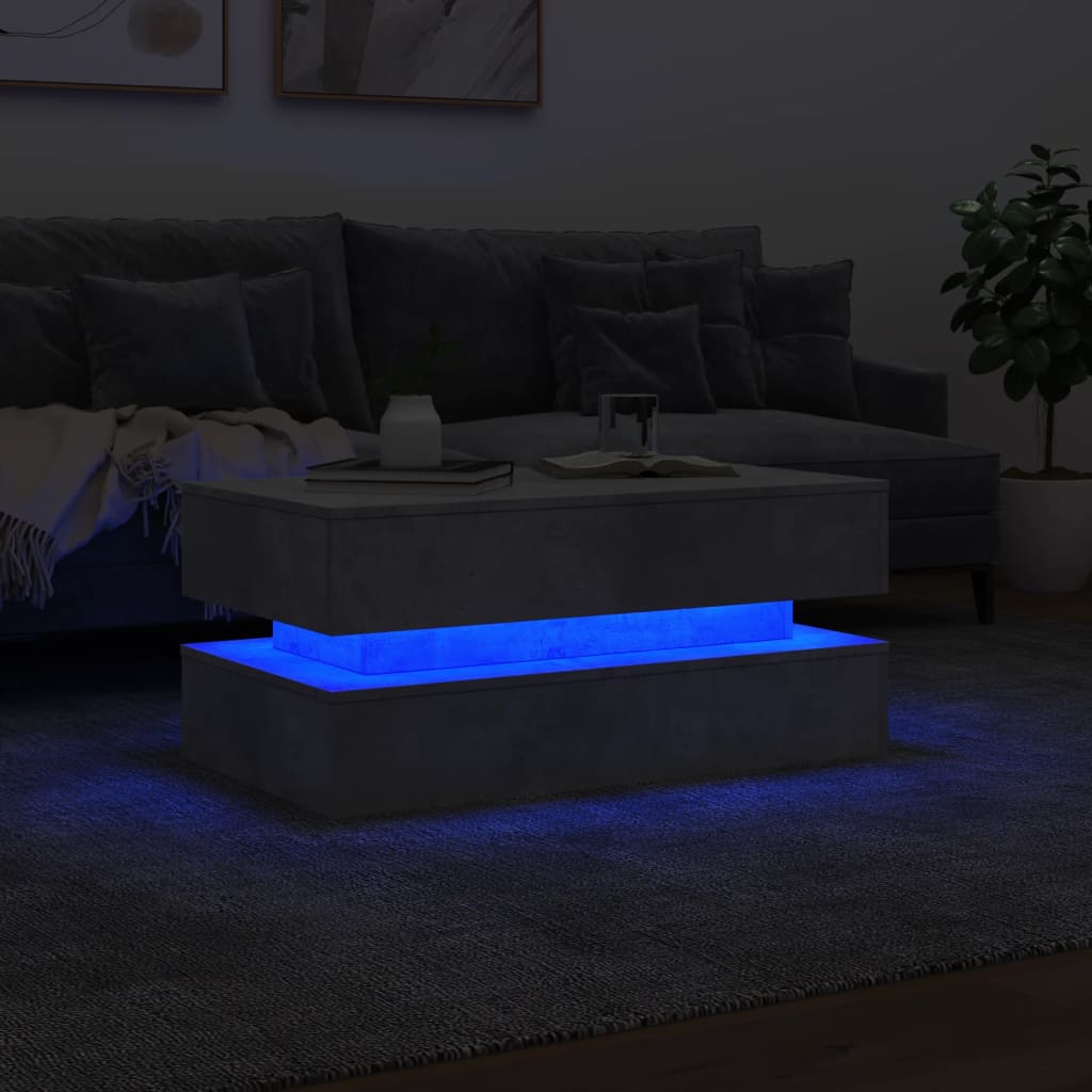 vidaXL Kavos staliukas su LED lemputėmis, betono pilkas, 90x50x40cm