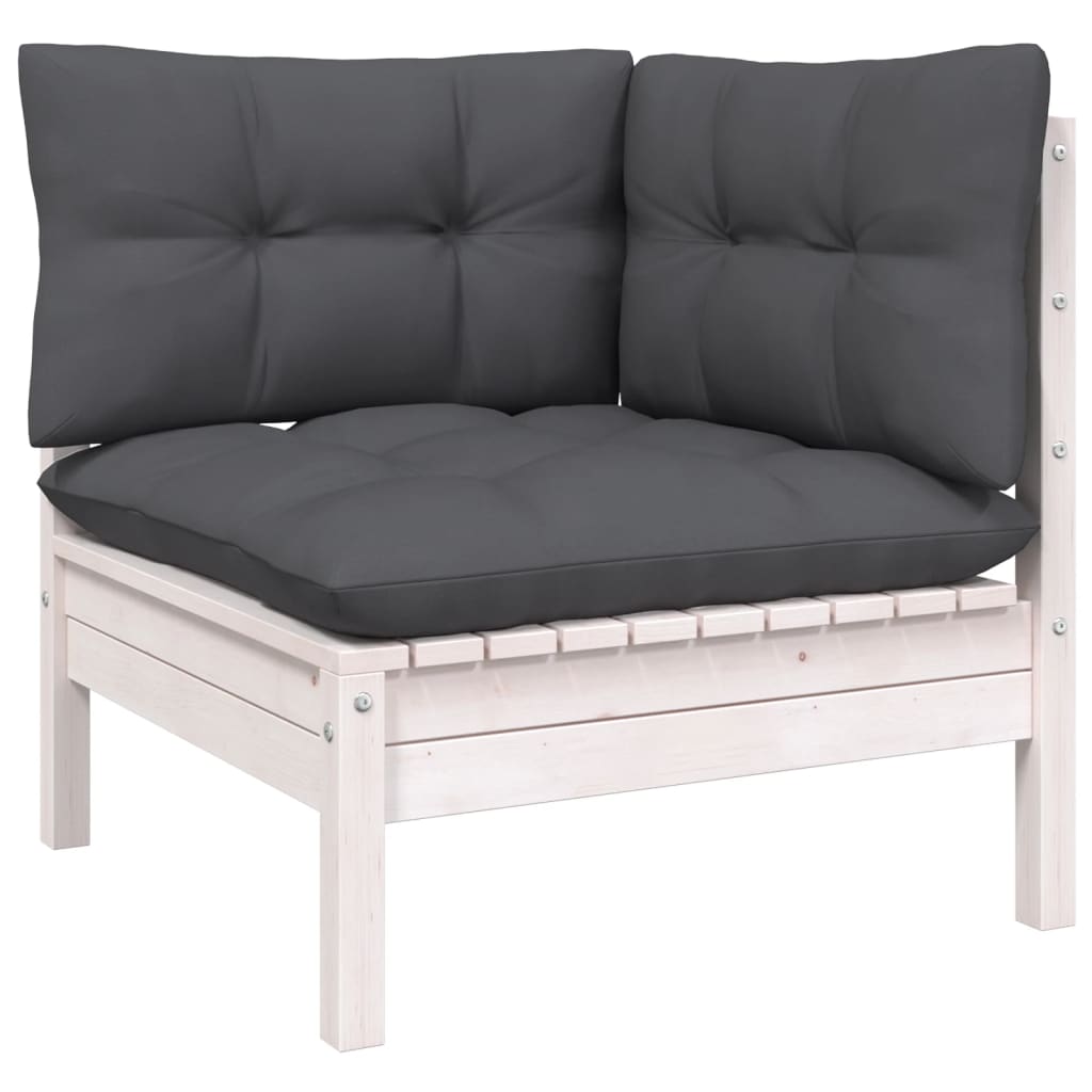 vidaXL Kampinė sodo sofa su pagalvėlėmis, balta, pušies masyvas