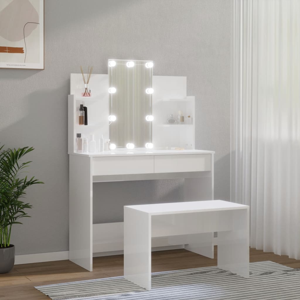 vidaXL Kosmetinio staliuko komplektas su LED, baltas, mediena, blizgus