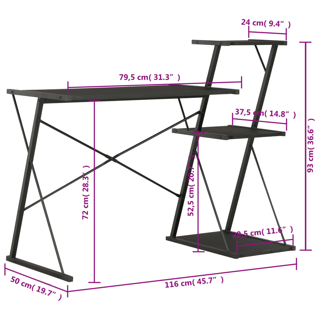 vidaXL Rašomasis stalas su lentyna, juodos spalvos, 116x50x93cm