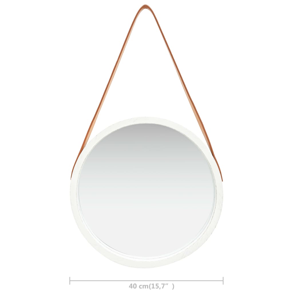 vidaXL Sieninis veidrodis su dirželiu, baltos spalvos, 40cm