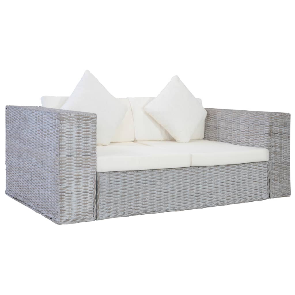 vidaXL Dvivietė sofa su pagalvėlėmis, pilkos spalvos, natūr. ratanas
